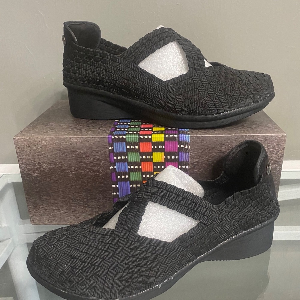 Bernie Mev Crown Black Woven Elastic Mary Jane Wedge Shoes Size 39